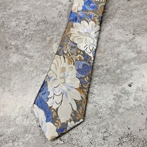 Barry Wang Silk Tie Mens OS Blue Gray Floral Jacquard Made Italy Necktie Wedding